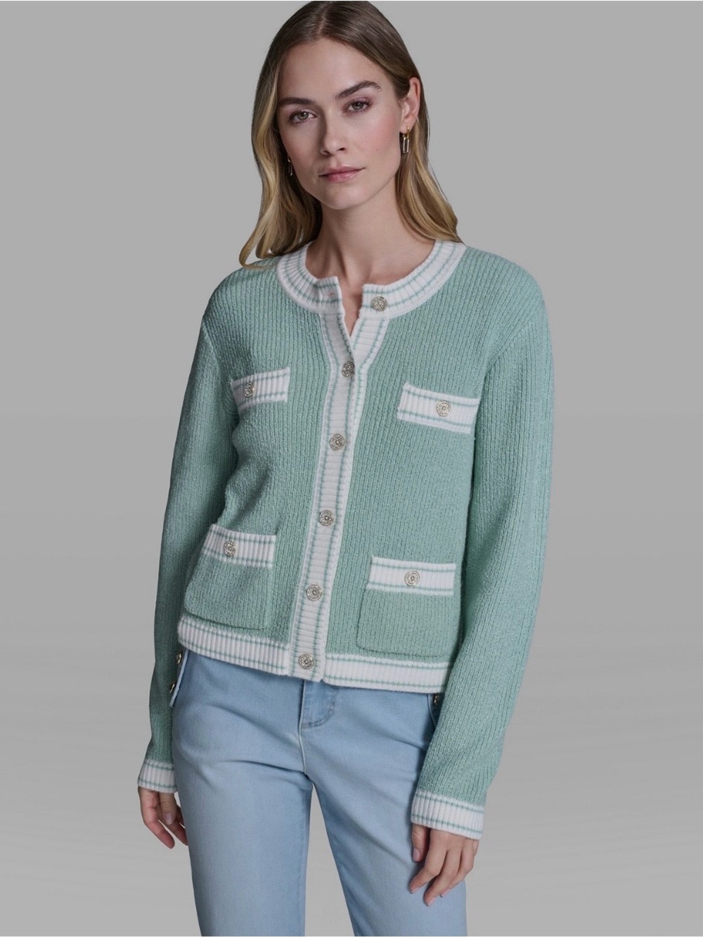 Karl Lagerfeld Mint Green Knit Cardigan with White Trim